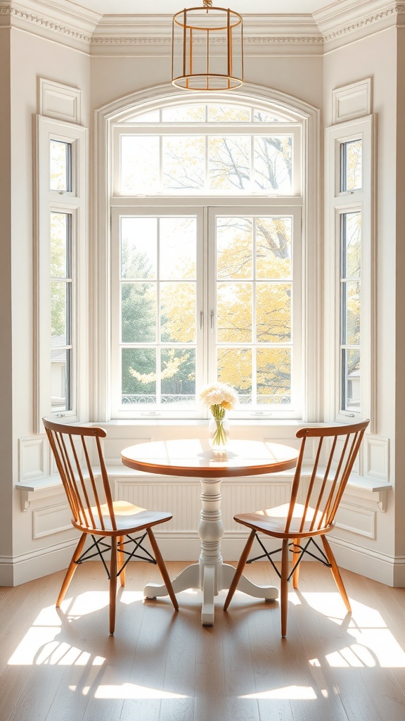 Light-filled bay window nook with wooden table and chairs