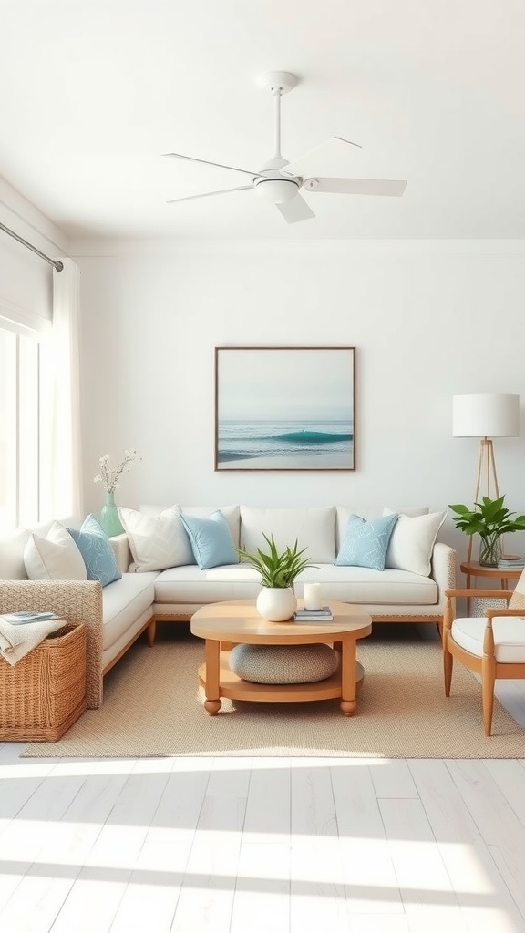 A light and airy coastal chic living room featuring a white sectional sofa with blue pillows, a wooden coffee table, and bright natural light.