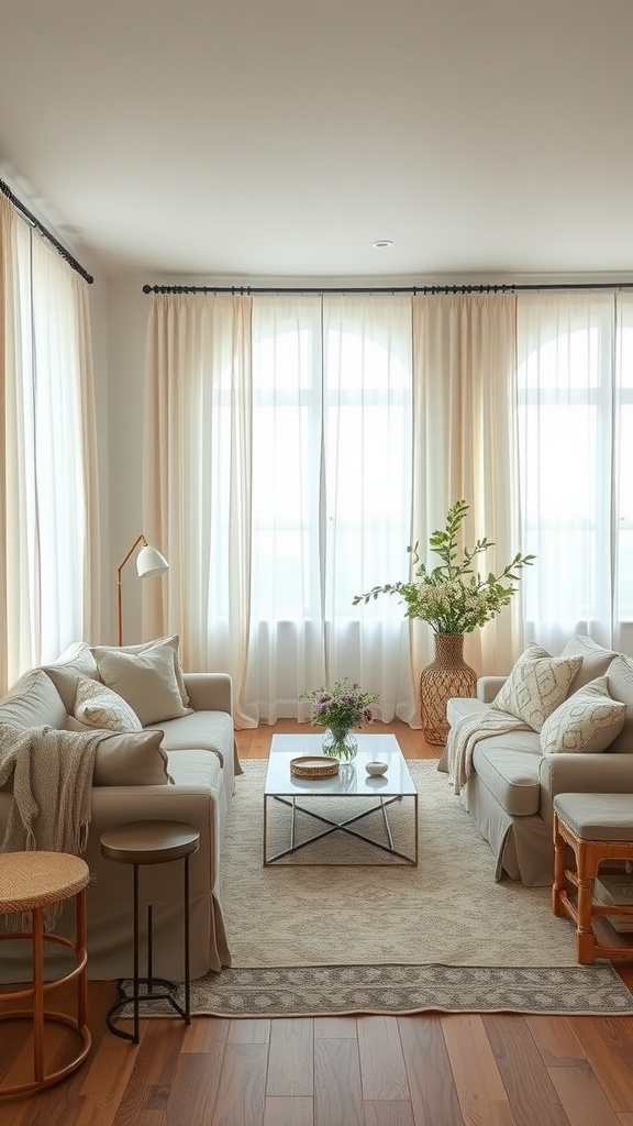 A coastal chic living room with light, airy fabrics, large windows, and natural decor.