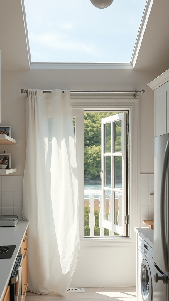 A bright kitchen with a white sheer curtain blowing in the wind, large windows, and wooden cabinets.