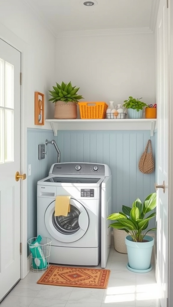 A small laundry room featuring light blue walls, white washer, and colorful storage baskets.