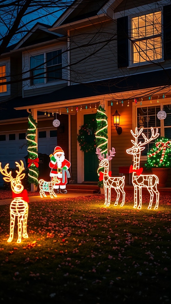 A cheerful Christmas display featuring lighted figures of Santa and reindeer in a beautifully decorated front yard.