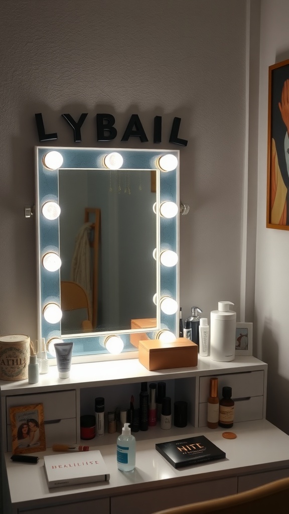 A stylish lighted vanity mirror with bulbs, a tidy table, and beauty products.