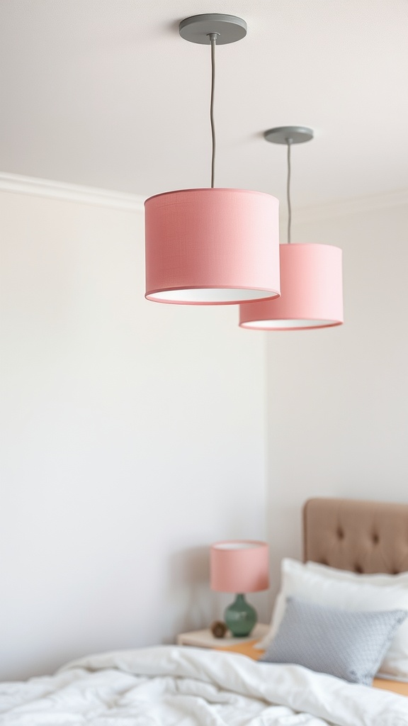 Pink pendant lamps and bedside lamp in a stylish bedroom with grey fixtures