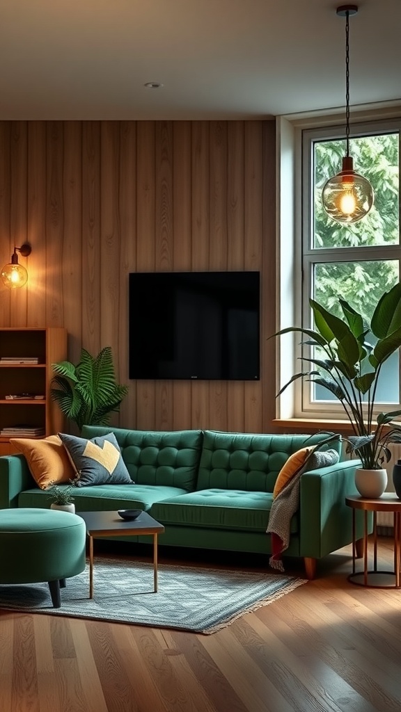 A stylish living room featuring a green couch, pendant lighting, and natural light from a window.