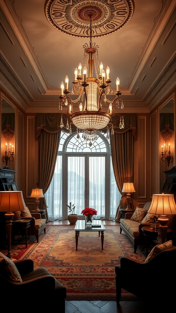 A formal living room with a chandelier and elegant lamps, featuring rich decor and a cozy atmosphere.