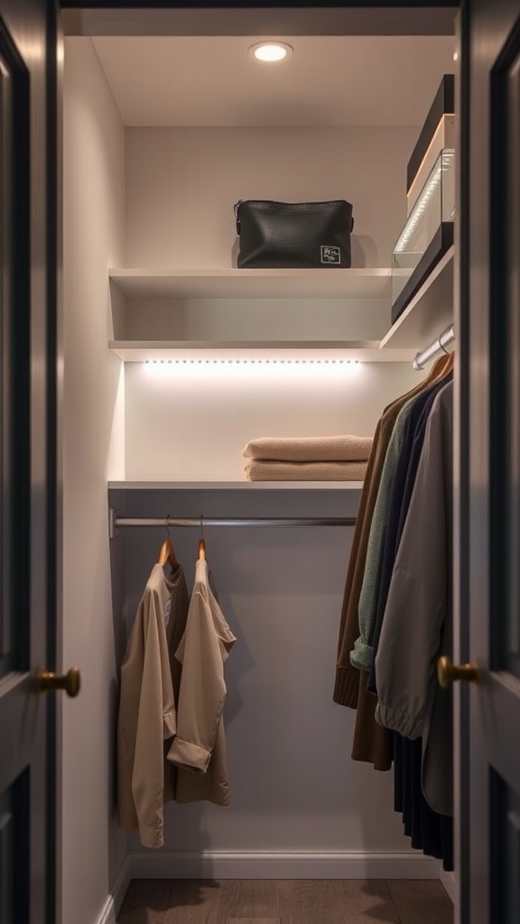 A well-lit closet featuring recessed lights and LED strips