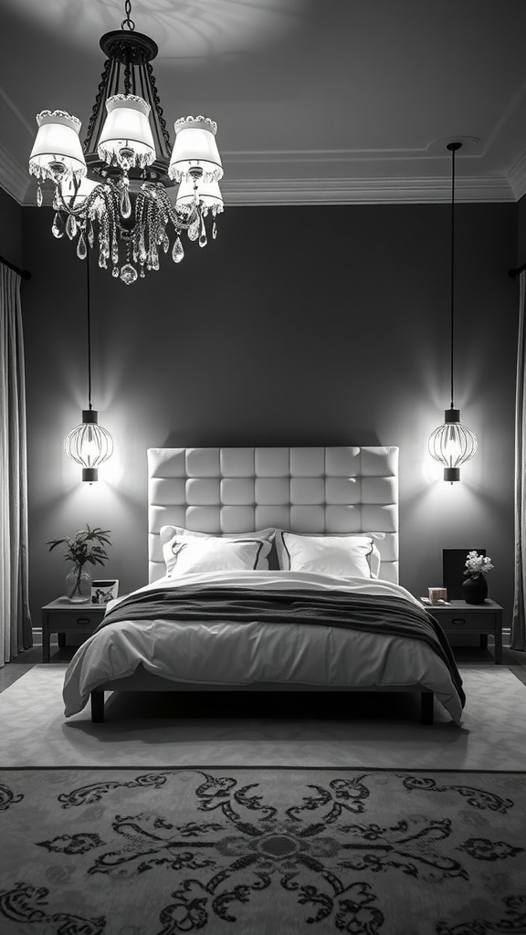 Black and white bedroom featuring elegant chandelier and stylish wall sconces