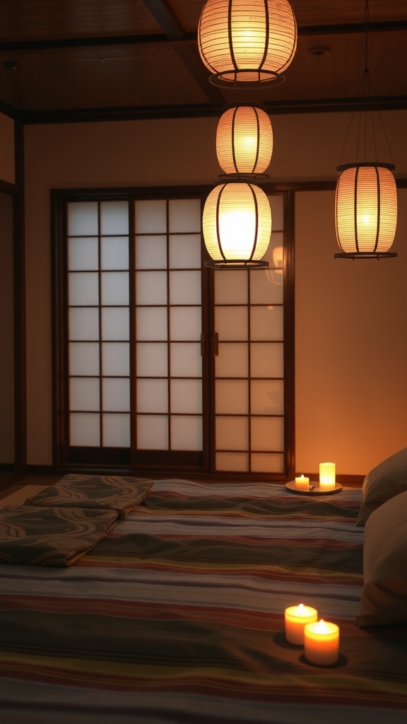 A serene Japanese bedroom with soft, warm lighting from paper lanterns and candles, showcasing a calming ambiance.