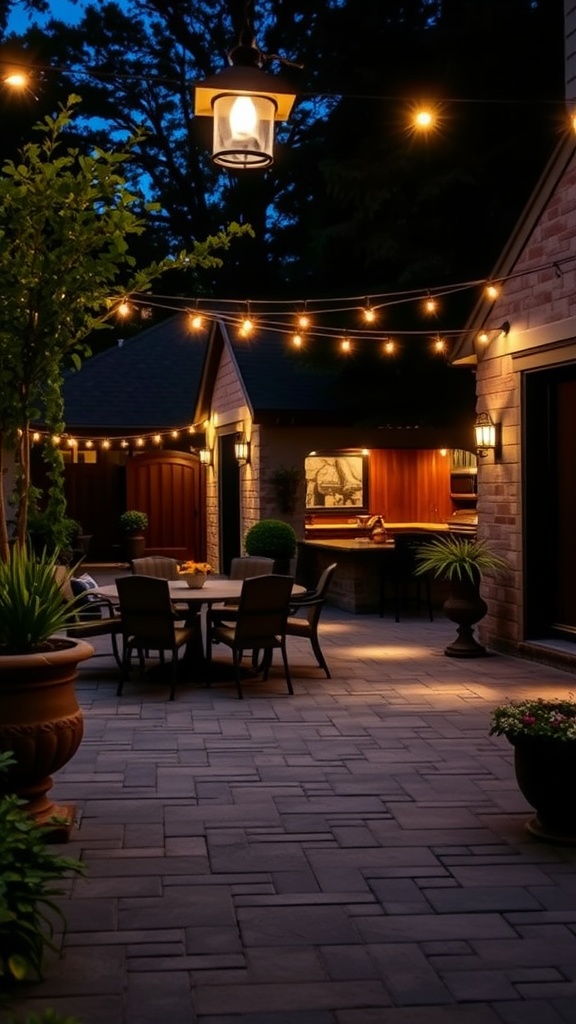 Cozy paver patio with warm string lights and lanterns, creating a welcoming evening ambiance.