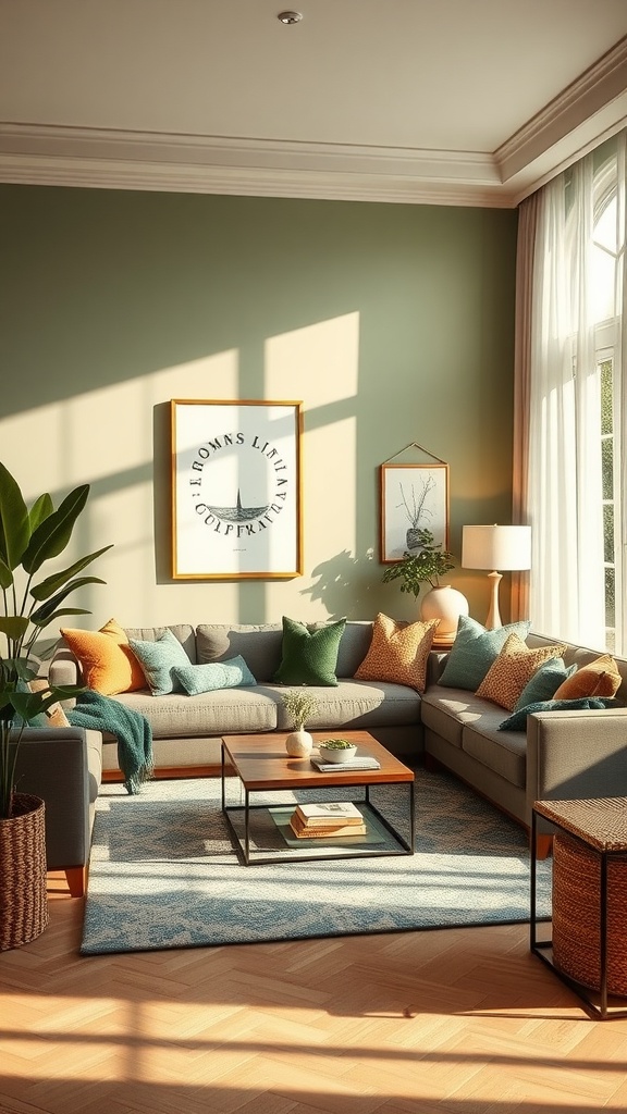 A sage green living room with sunlight streaming in, featuring a cozy grey sofa with colorful cushions and a wooden coffee table.