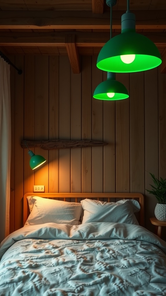 A cozy bedroom featuring green pendant lights and a wall lamp, with natural wood accents and a comfortable bed.