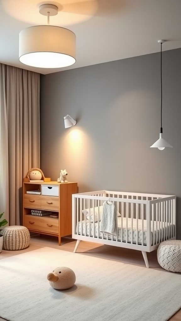 A modern nursery with a crib, storage, and various light sources creating a cozy atmosphere.