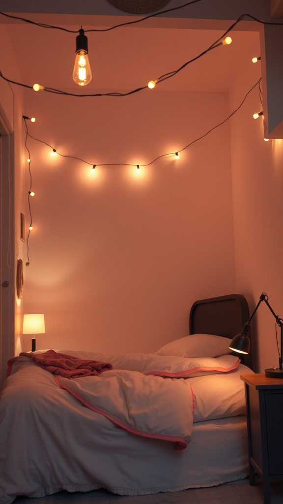 A cozy small bedroom with warm lighting, featuring string lights and bedside lamps.