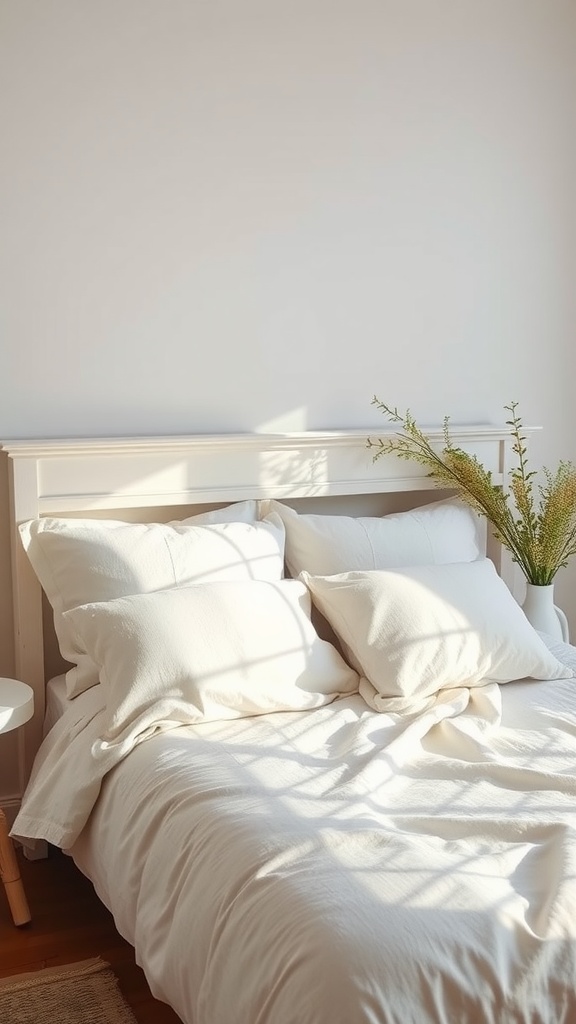 Lightweight bedding in a bright summer bedroom with fluffy pillows and natural light