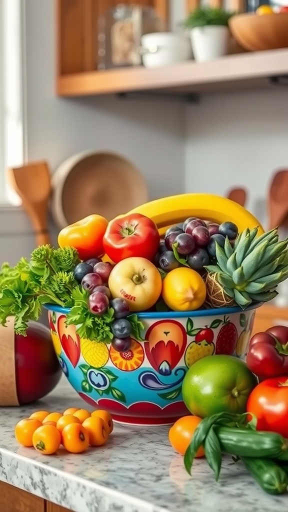 A colorful bowl filled with various fruits and vegetables on a kitchen countertop.