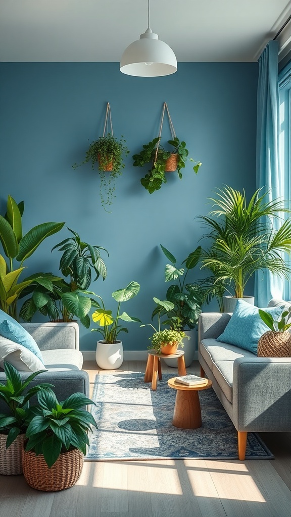 A bright and airy living room featuring blue walls and gray furniture, filled with various indoor plants.