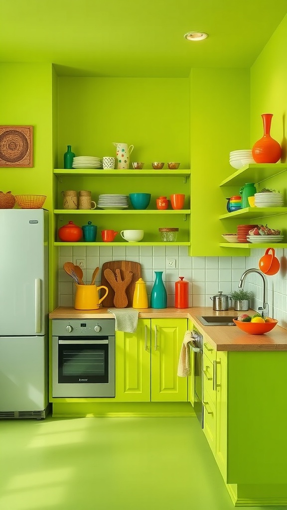 Bright lime green kitchen with colorful accents and cheerful decor.