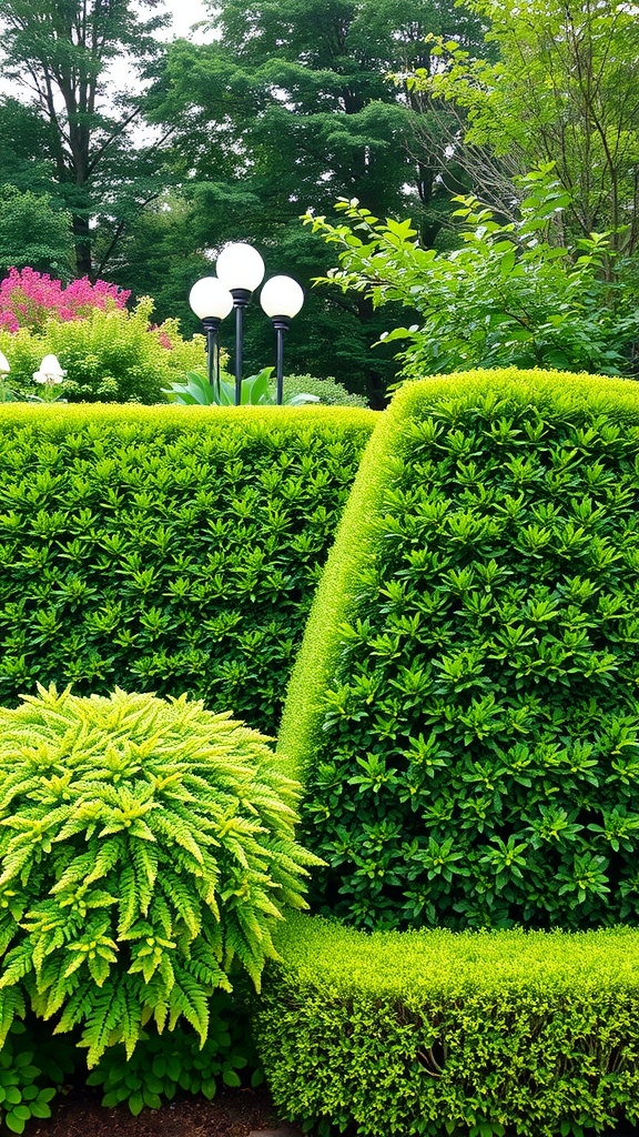 A well-maintained living fence made of shrubs and hedges, showcasing vibrant greenery and various textures.