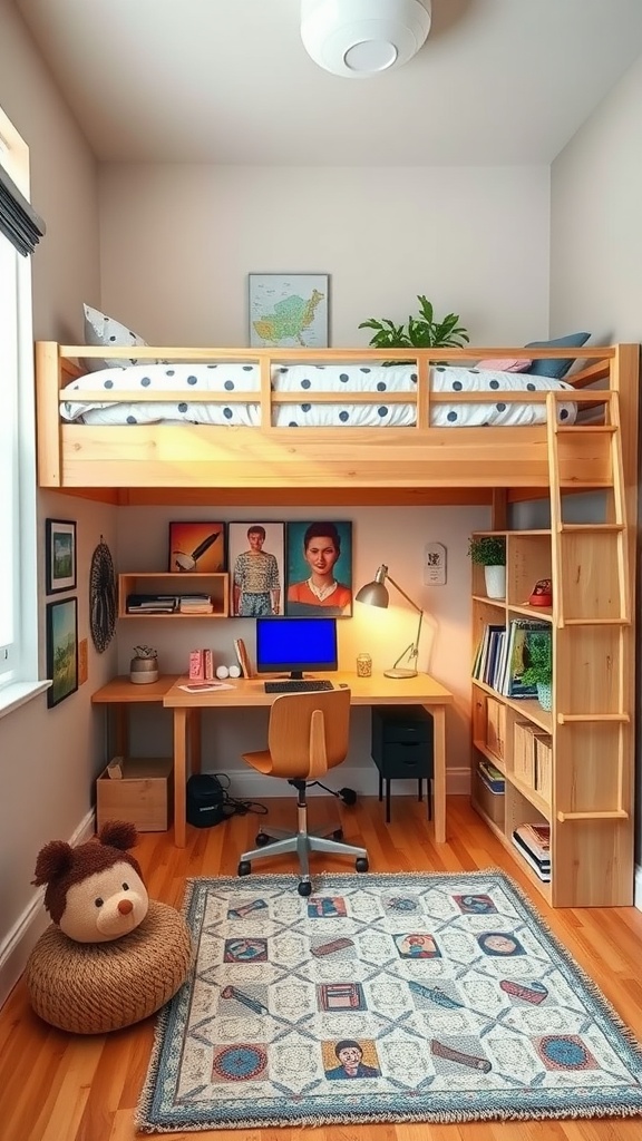 A cozy bedroom with a lofted bed, desk, and colorful decorations.