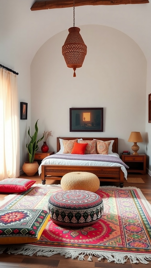 A Moroccan bedroom featuring low-level seating with colorful cushions and poufs, a patterned rug, and warm lighting.