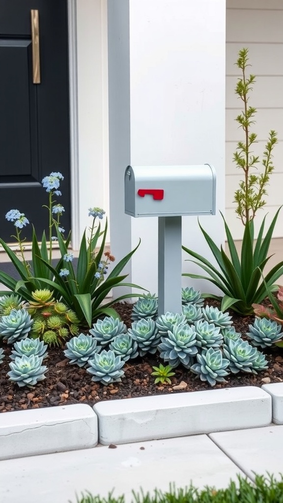 A modern mailbox surrounded by various succulents and plants in a well-maintained flower bed.