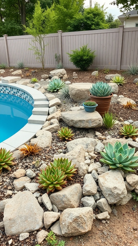 A low maintenance succulent and rock garden surrounding an above-ground pool, featuring various succulents and rocks.