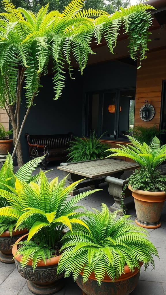 A patio display featuring lush green ferns in terracotta pots, creating a vibrant and inviting atmosphere.