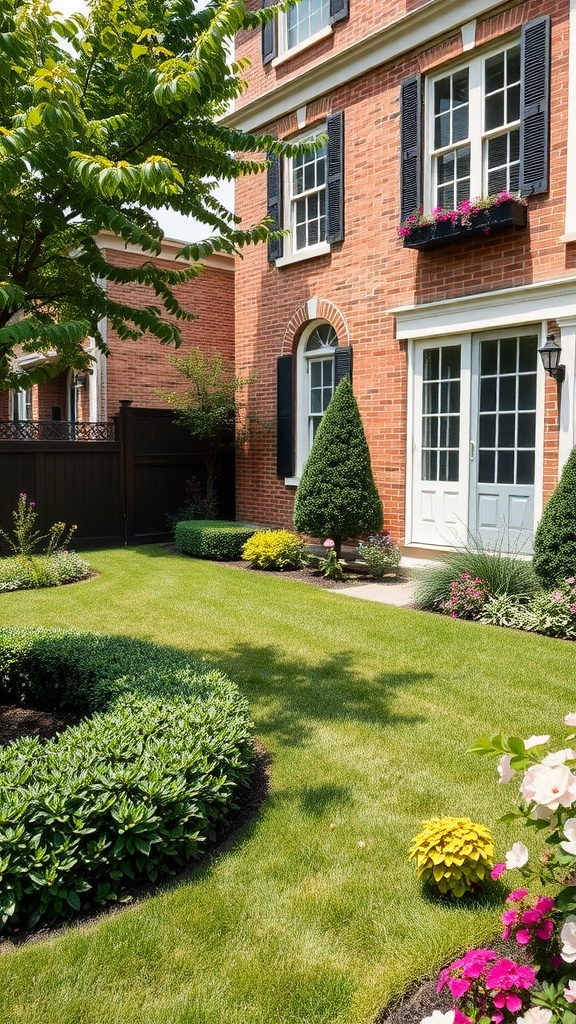 A beautifully landscaped townhouse backyard with a green lawn, circular hedges, and colorful flowers.