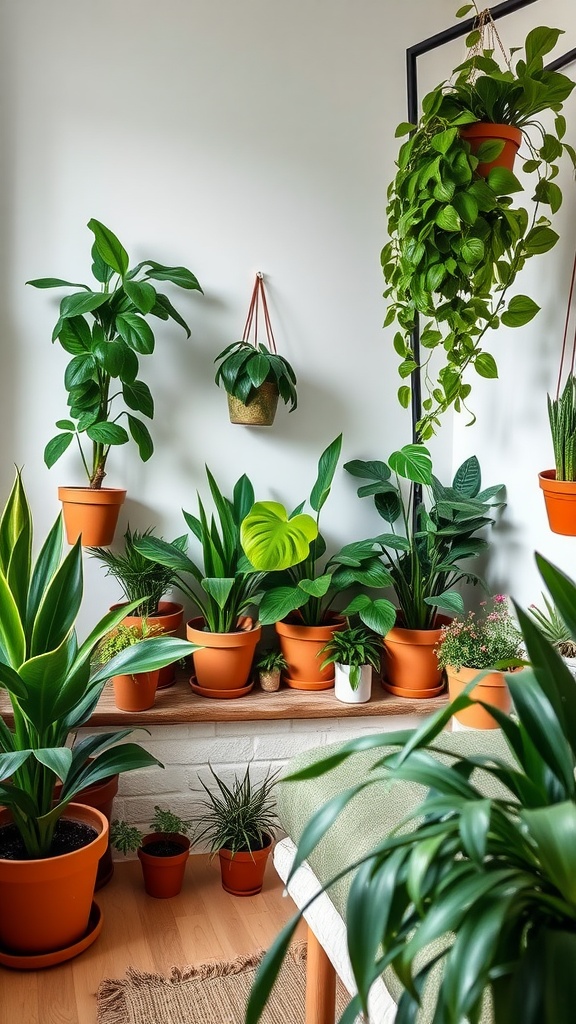 A cozy bedroom corner filled with various indoor plants in terracotta pots, creating a vibrant and natural atmosphere.