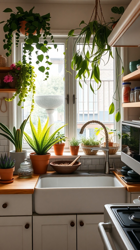 A cozy kitchen with lush indoor plants on the windowsill and hanging from the ceiling.