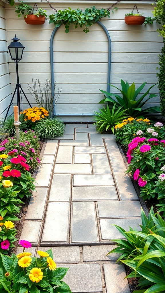 A 12x12 paver patio path surrounded by colorful flowers and green plants, enhanced by hanging plants above.