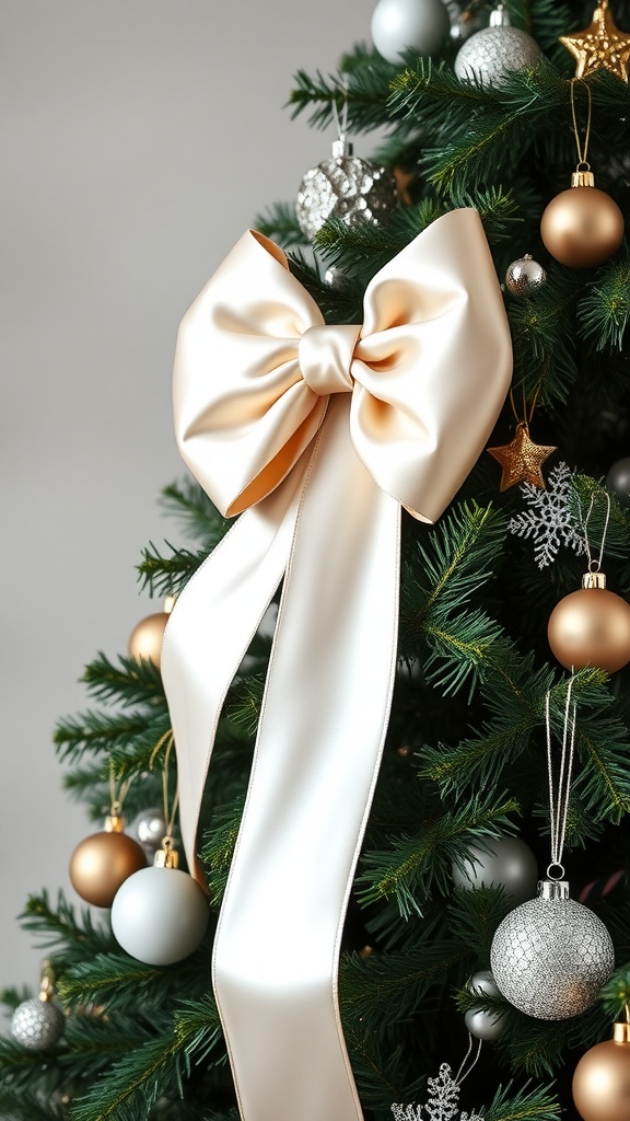 A Christmas tree with a large luxe satin bow, decorated with gold and silver ornaments.