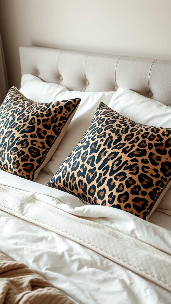 Luxurious leopard print throw pillows on a neatly made bed