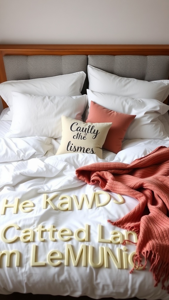 A luxury bedroom with fluffy white bedding, patterned pillows, and a coral throw blanket.