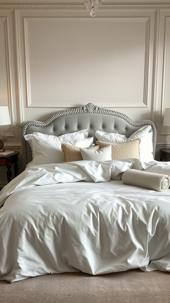 A luxurious master bedroom featuring a beautifully made bed with white bedding, decorative pillows, and a stylish headboard.