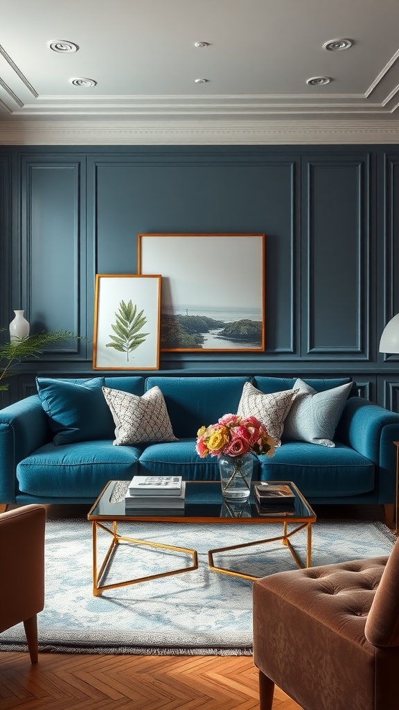 Luxurious blue velvet sofa with decorative pillows and a stylish coffee table in a well-designed living room