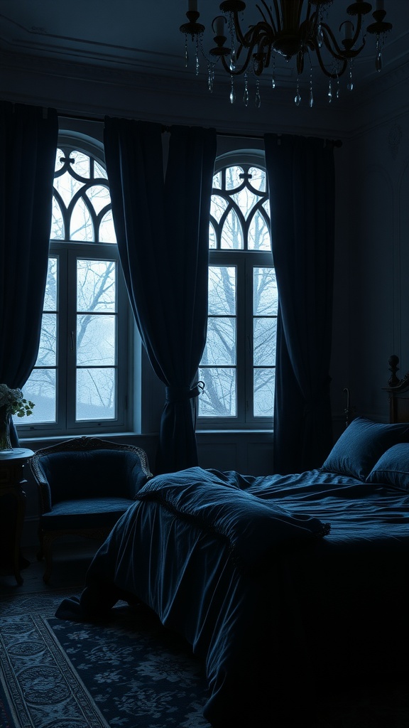 A gothic-style bedroom featuring dark curtains, a plush bed, and ornate decor.