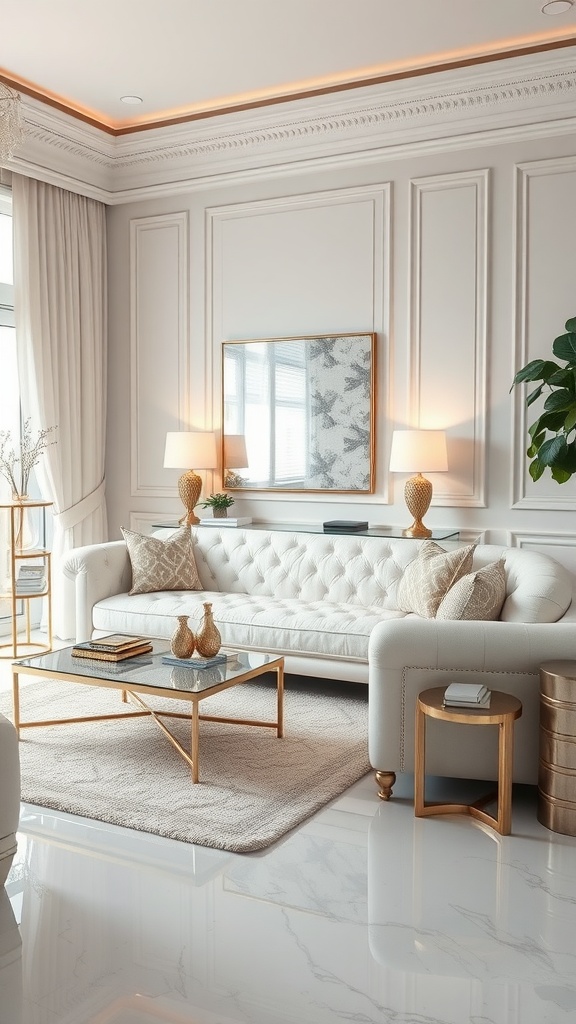 Luxurious living room featuring a white couch with gold accents and a glass coffee table.