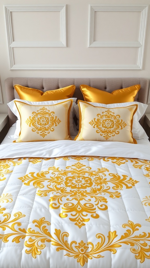 A bed with white quilted bedding featuring gold patterns, paired with satin gold pillows.