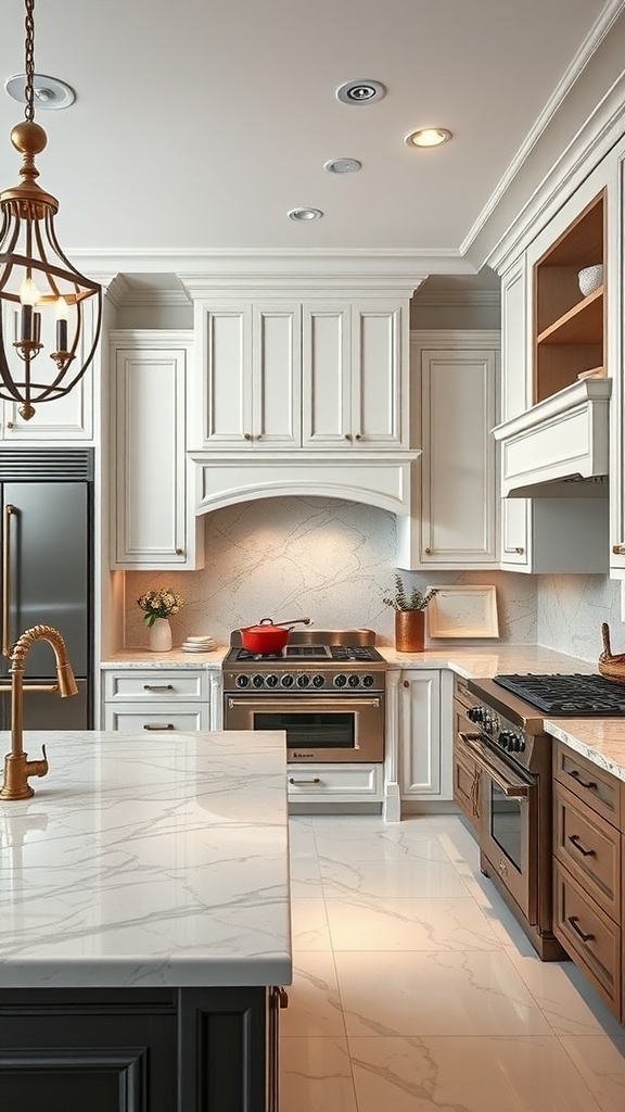 A luxurious gourmet kitchen featuring elegant cabinetry, marble countertops, and high-end appliances.