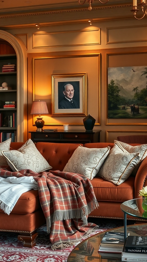 A cozy living room featuring a brown sofa adorned with decorative pillows and a plaid throw, surrounded by elegant decor.