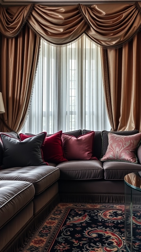 A formal living room with a plush sofa, decorative pillows, and elegant draped curtains.