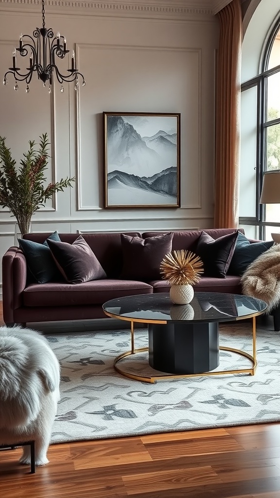 A luxurious living room featuring a plush velvet sofa, a sleek coffee table, and a cozy throw