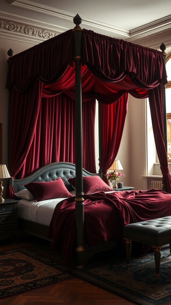 Luxurious velvet canopy bed with rich red drapes and dark wood posts