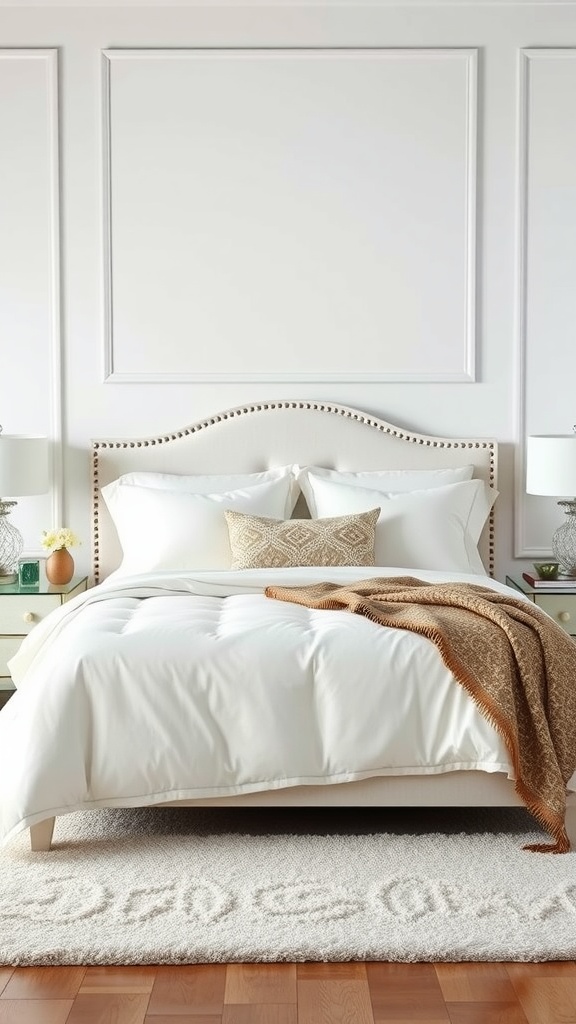 A cozy white bedding setup in a sophisticated bedroom with a textured throw and stylish headboard.