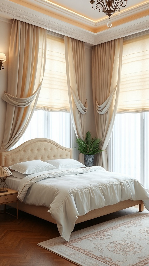 A modern luxury bedroom featuring elegant window treatments and soft bedding