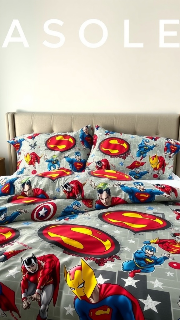 Luxury bedding featuring superhero designs, including Superman and Captain America.