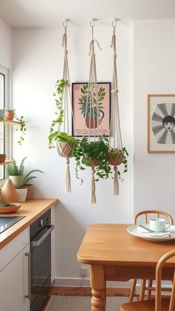 A kitchen featuring macramé plant hangers with green plants, a wooden table, and a cozy atmosphere.