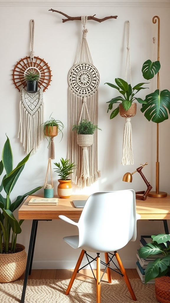 A cozy home office featuring macrame wall hangings, plants, and a wooden desk